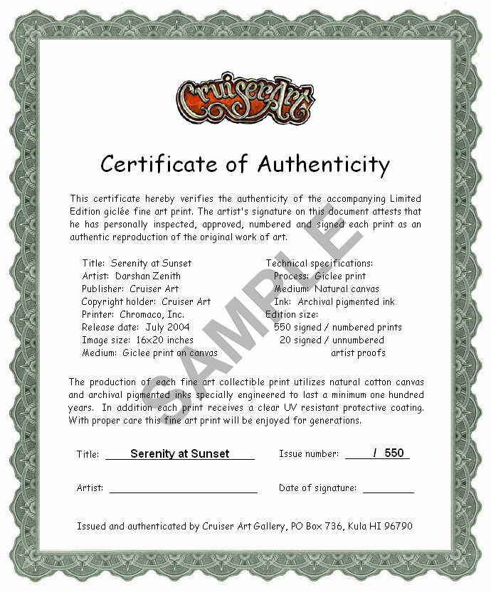  Certificate of Authenticity - Serenity at Sunset 