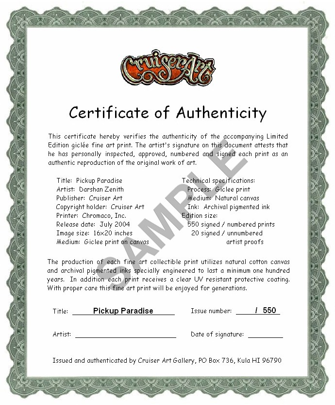  Certificate of Authenticity - Pickup Paradise 