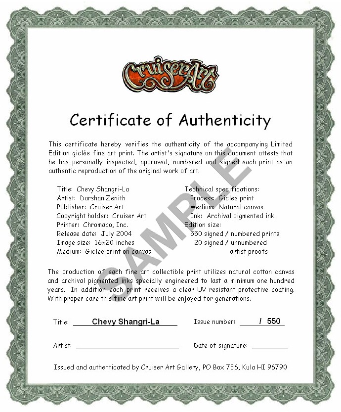  Certificate of Authenticity - Chevy Shangri-La 