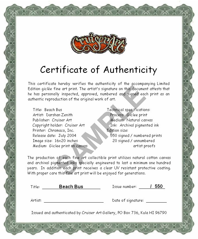  Certificate of Authenticity - Beach Bus 