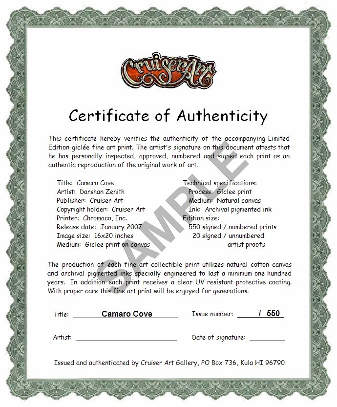  Certificate of Authenticity - Camaro Cove 
