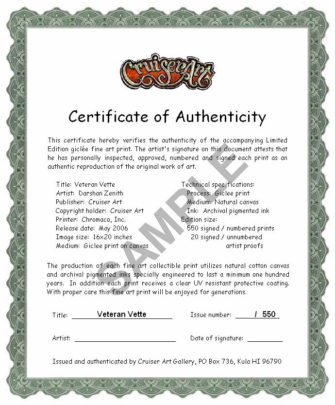 Certificate of Authenticity - Veteran Vette 