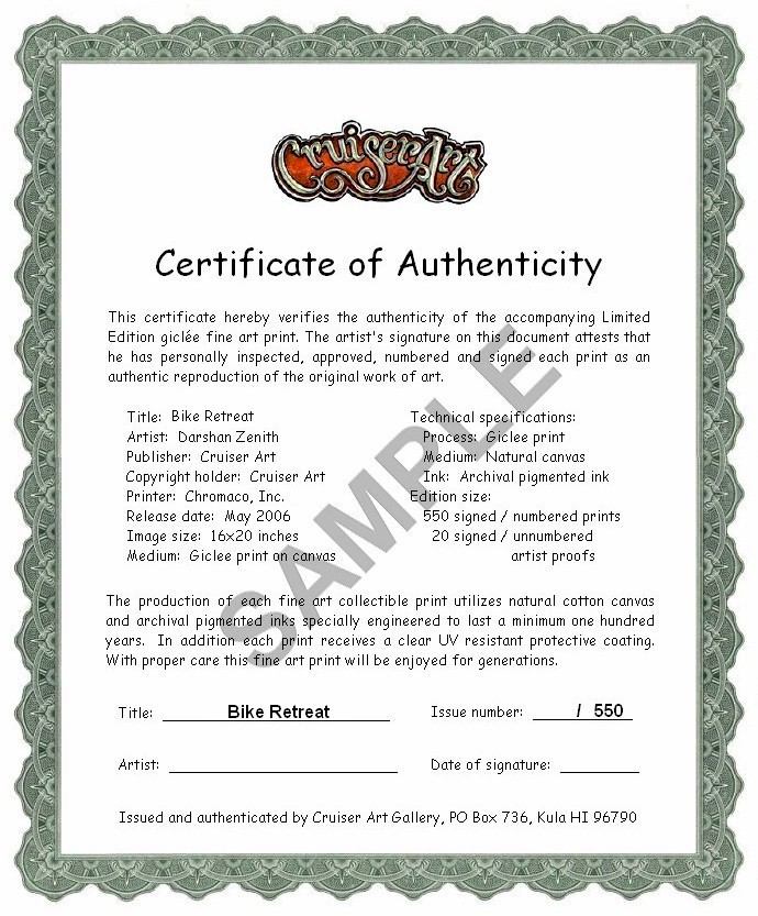 Certificate of Authenticity - Bike Retreat 