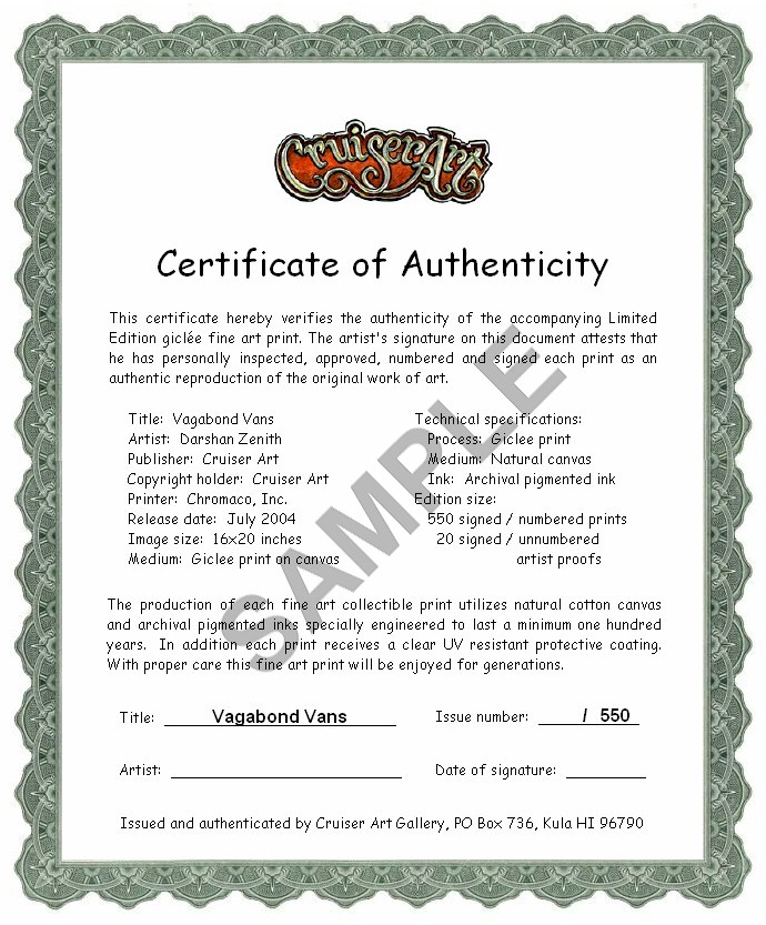  Certificate of Authenticity - Vagabond Vans 