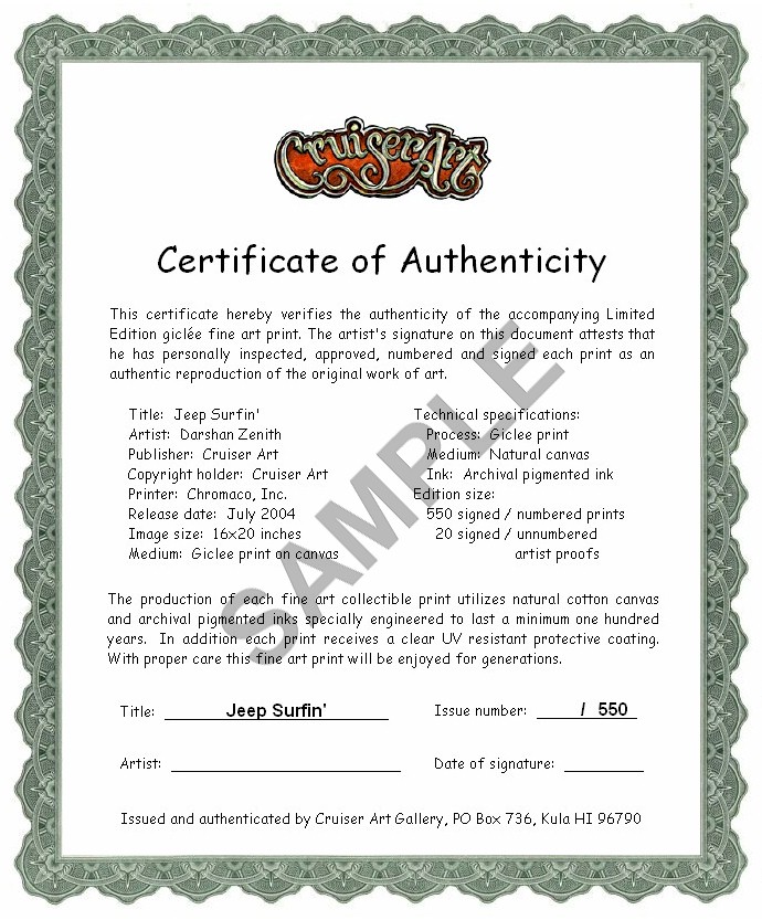  Certificate of Authenticity - Jeep Surfin' 